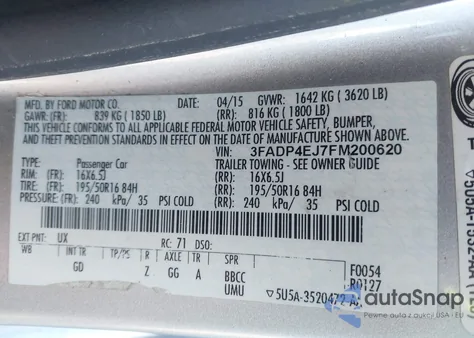 2015 Ford Fiesta Se from USA, damaged, VIN 3FADP4EJ7FM200620